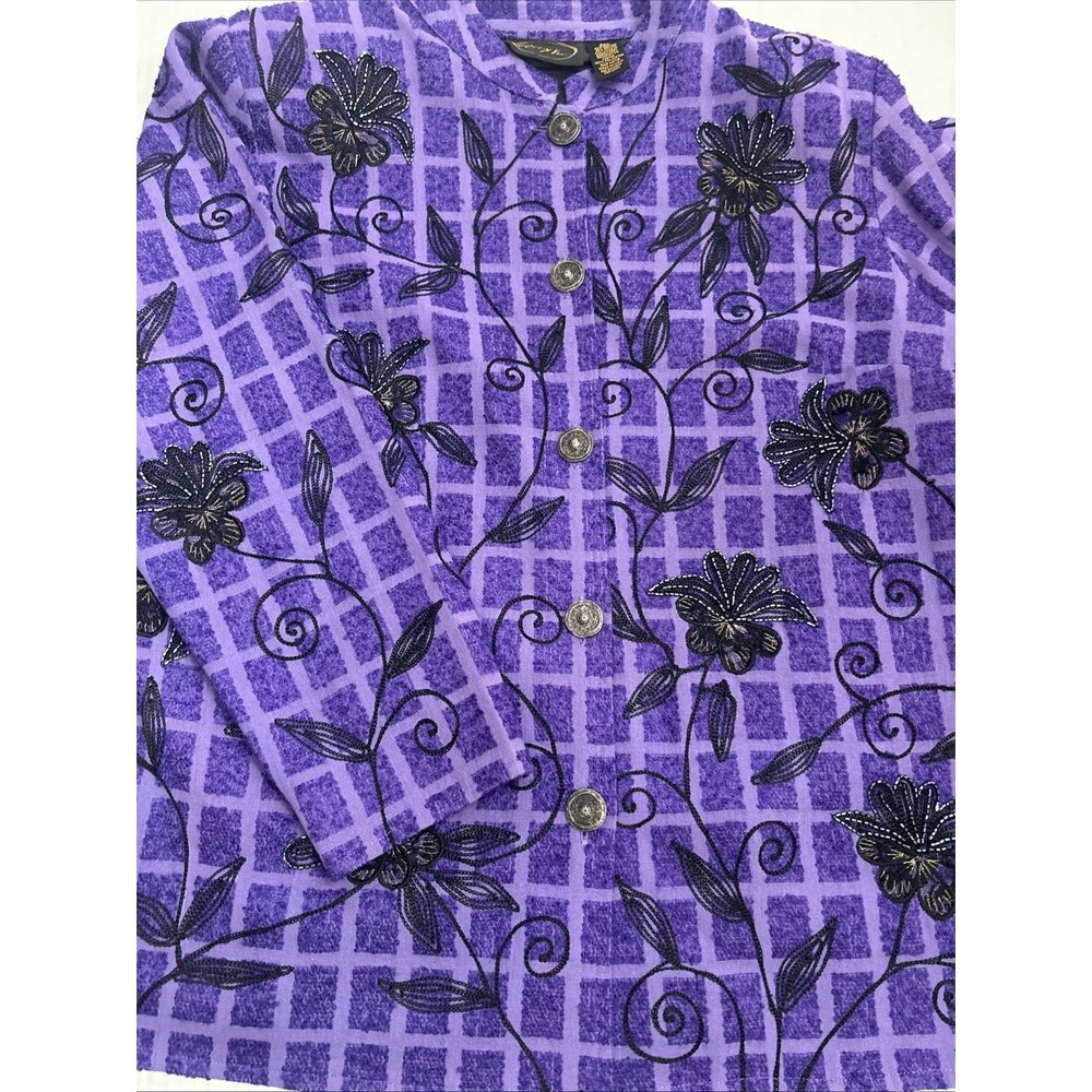 Vintage Alex Kim Women’s purple Button  Jacket, Beaded Embroidered Flowers Sz 1X